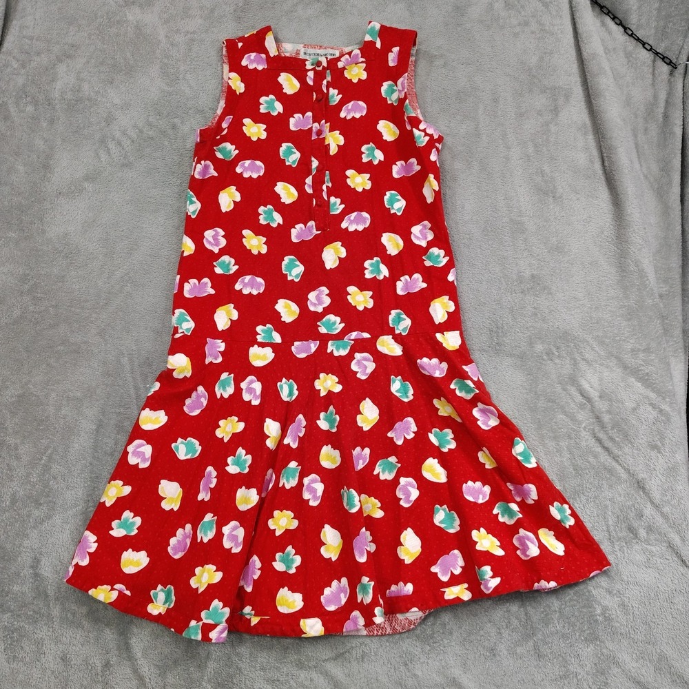 Vintage Dress Sz 14 Anne Crimmins For UMI Collections Floral Buttons‎ Red Cotton